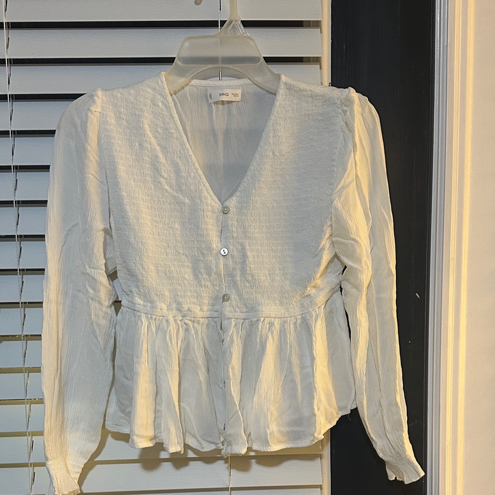 Mango White V-Neck Button-Up Blouse